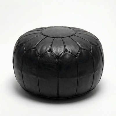 Black Moroccan Leather Pouf | Handmade Leather Ottoman | Black Boho Footrest | 100% Natural Leather | Floor Cushion Decor