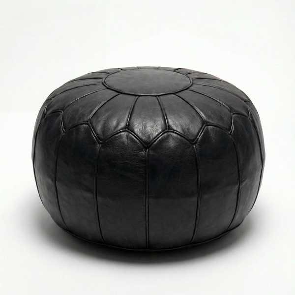 Black Moroccan Leather Pouf | Handmade Leather Ottoman | Black Boho Footrest | 100% Natural Leather | Floor Cushion Decor