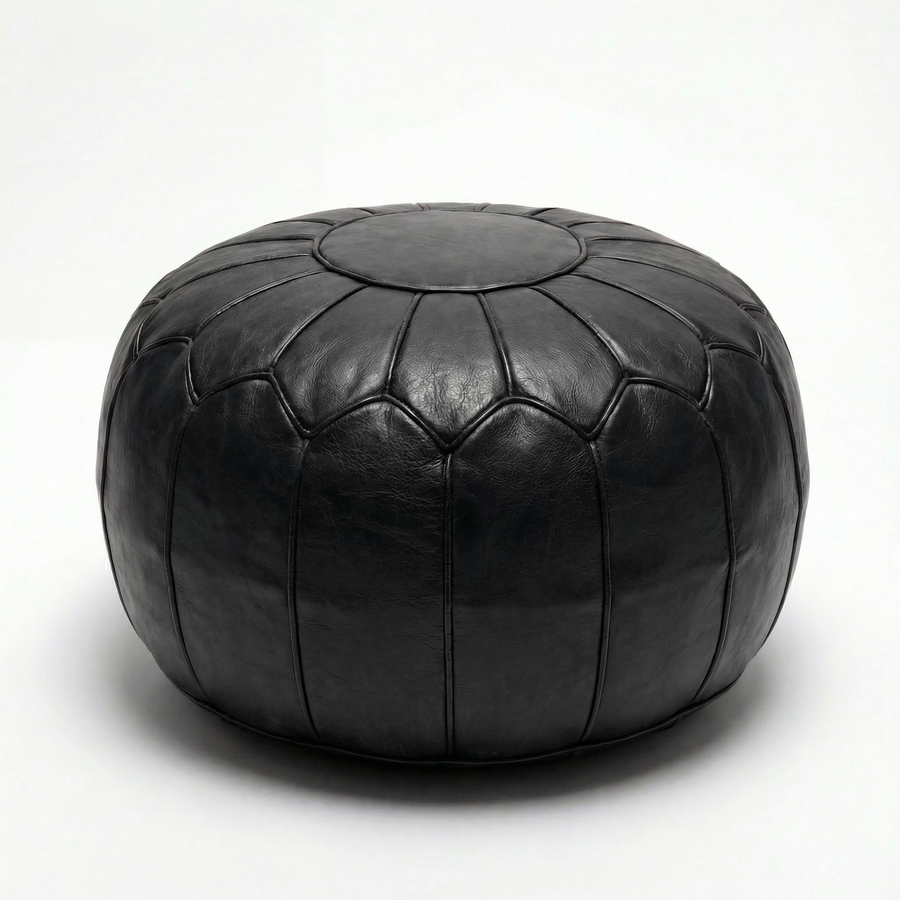 Black Moroccan Leather Pouf | Handmade Leather Ottoman | Black Boho Footrest | 100% Natural Leather | Floor Cushion Decor
