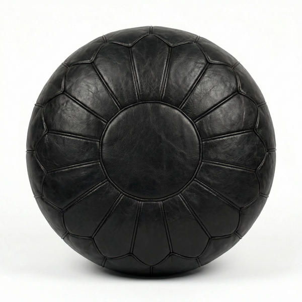 Black Moroccan Leather Pouf | Handmade Leather Ottoman | Black Boho Footrest | 100% Natural Leather | Floor Cushion Decor
