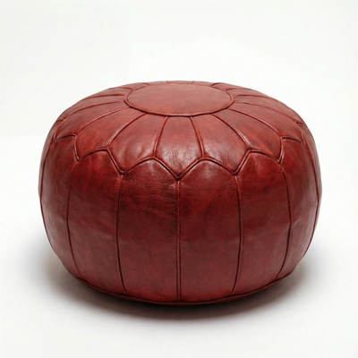 Red Moroccan Leather Pouf - Burgundy Handmade Ottoman - Dark Red Floor Cushion - Genuine Leather Round Pouf - Boho Chic Home Decor