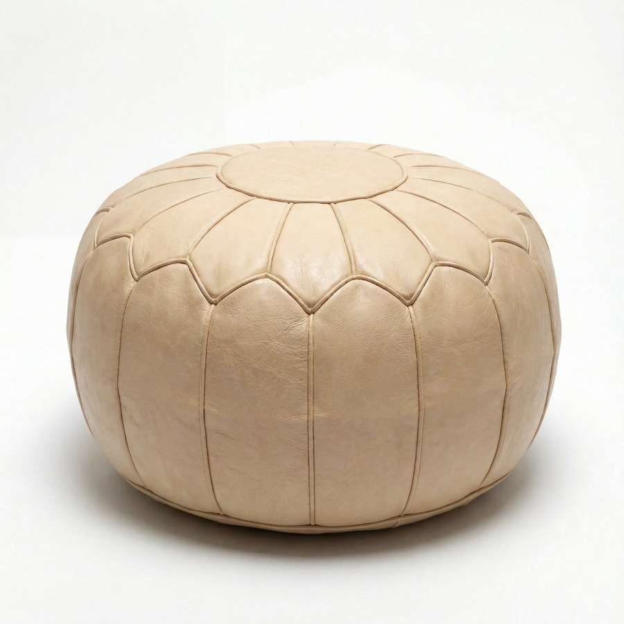 Moroccan Leather Pouf - Handmade Creamy Leather Ottoman - Unstuffed Round Footstool - Genuine Leather Pouf Moroccan - Boho Nursery Decor