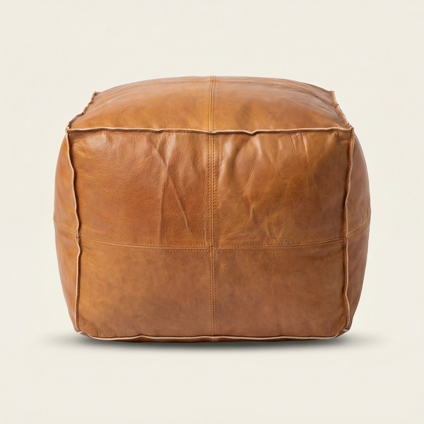 Square Tan Moroccan Leather Pouf - Handmade Tan Cube Ottoman - Camel Leather Footstool - Coffee Table Alternative - Unstuffed Floor Seating