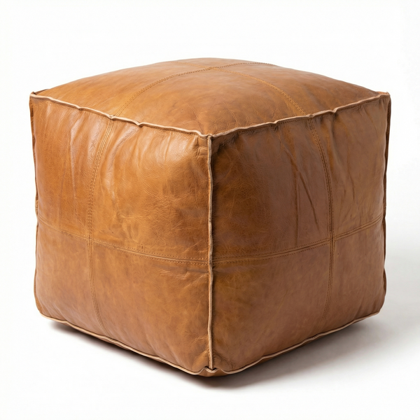 Square Tan Moroccan Leather Pouf - Handmade Tan Cube Ottoman - Camel Leather Footstool - Coffee Table Alternative - Unstuffed Floor Seating