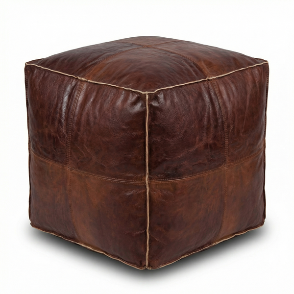 Dark Brown Square Moroccan Leather Pouf - Espresso Cube Ottoman - Chocolate Coffee Table Alternative - Industrial Home Decor - XL Large Footstool - Available in Custom Sizes - Genuine Leather Seat