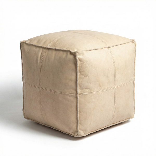Creamy Square Moroccan Leather Pouf - Ivory Cube Ottoman - Off White Coffee Table Alternative - Japandi Home Decor - Large XL Cube Seat - Available in Custom Sizes - Minimalist Leather Footstool