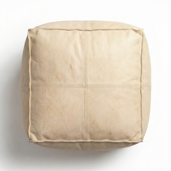 Creamy Square Moroccan Leather Pouf - Ivory Cube Ottoman - Off White Coffee Table Alternative - Japandi Home Decor - Large XL Cube Seat - Available in Custom Sizes - Minimalist Leather Footstool