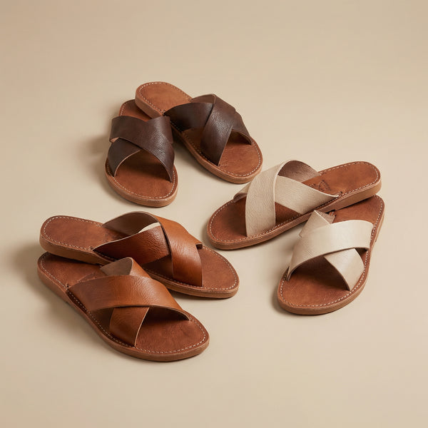 Handmade Moroccan Genuine Leather Sandals for Women, Cross Strap Flat Slides, Minimalist Summer Shoes, Comfortable Open Toe Leather Sandals