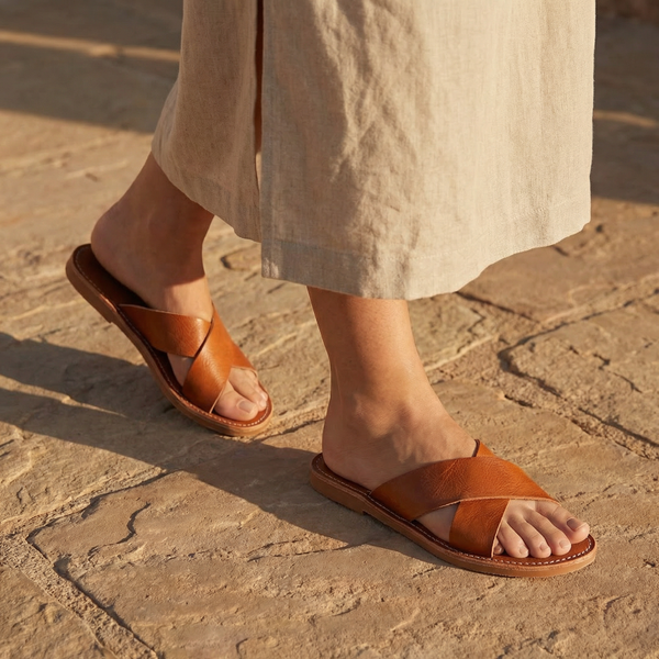 Handmade Moroccan Genuine Leather Sandals for Women, Cross Strap Flat Slides, Minimalist Summer Shoes, Comfortable Open Toe Leather Sandals