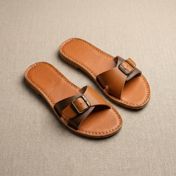 Handmade Moroccan Leather Buckle Sandals for Women, Boho Flat Slide Sandals, Genuine Leather Summer Shoes, Minimalist Artisan Comfort Slides