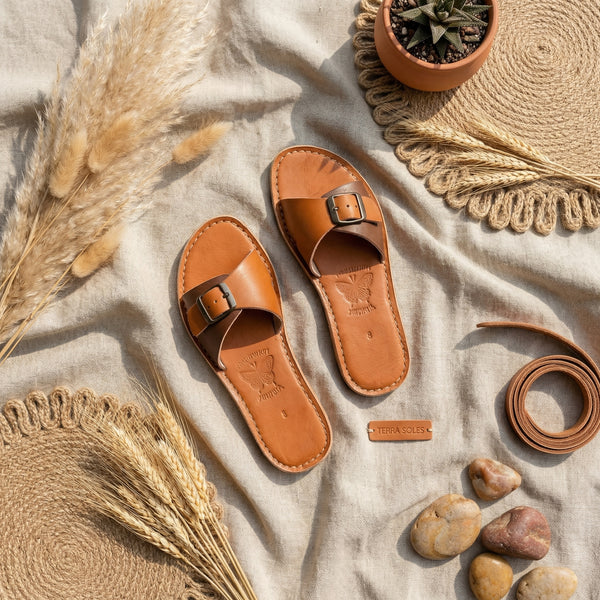 Handmade Moroccan Leather Buckle Sandals for Women, Boho Flat Slide Sandals, Genuine Leather Summer Shoes, Minimalist Artisan Comfort Slides