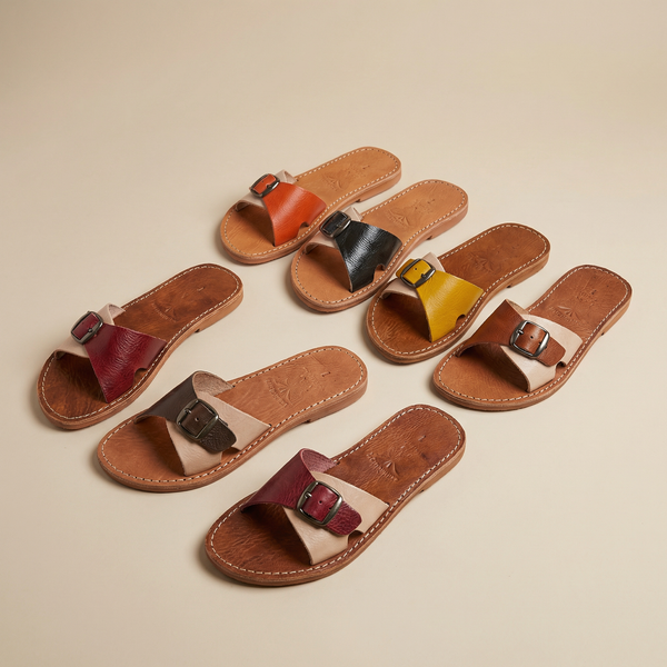 Moroccan Leather Buckle Slide Sandals for Women, Handmade Boho Flat Summer Shoes, Genuine Leather Artisan Slides