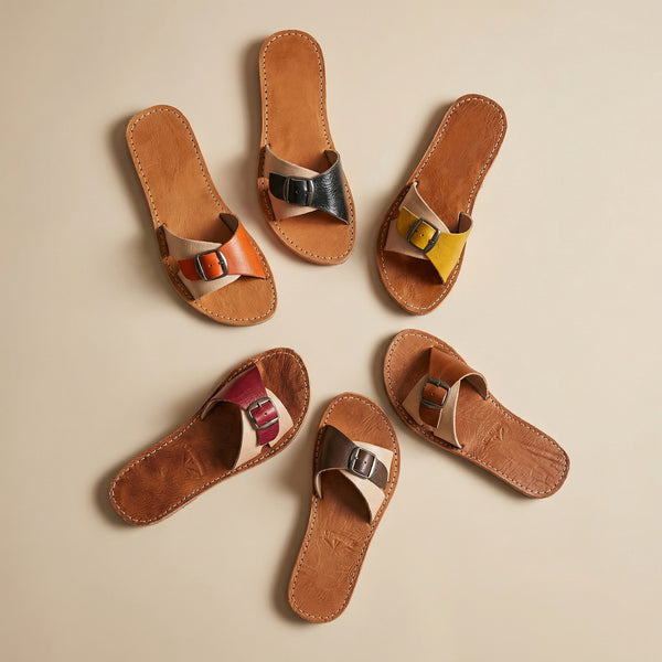 Moroccan Leather Buckle Slide Sandals for Women, Handmade Boho Flat Summer Shoes, Genuine Leather Artisan Slides