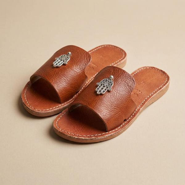 Handmade Moroccan Leather Hamsa Sandals for Women, Boho Flat Slide Summer Shoes, Genuine Cowhide Minimalist Artisan Sandals