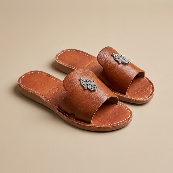 Handmade Moroccan Leather Hamsa Sandals for Women, Boho Flat Slide Summer Shoes, Genuine Cowhide Minimalist Artisan Sandals