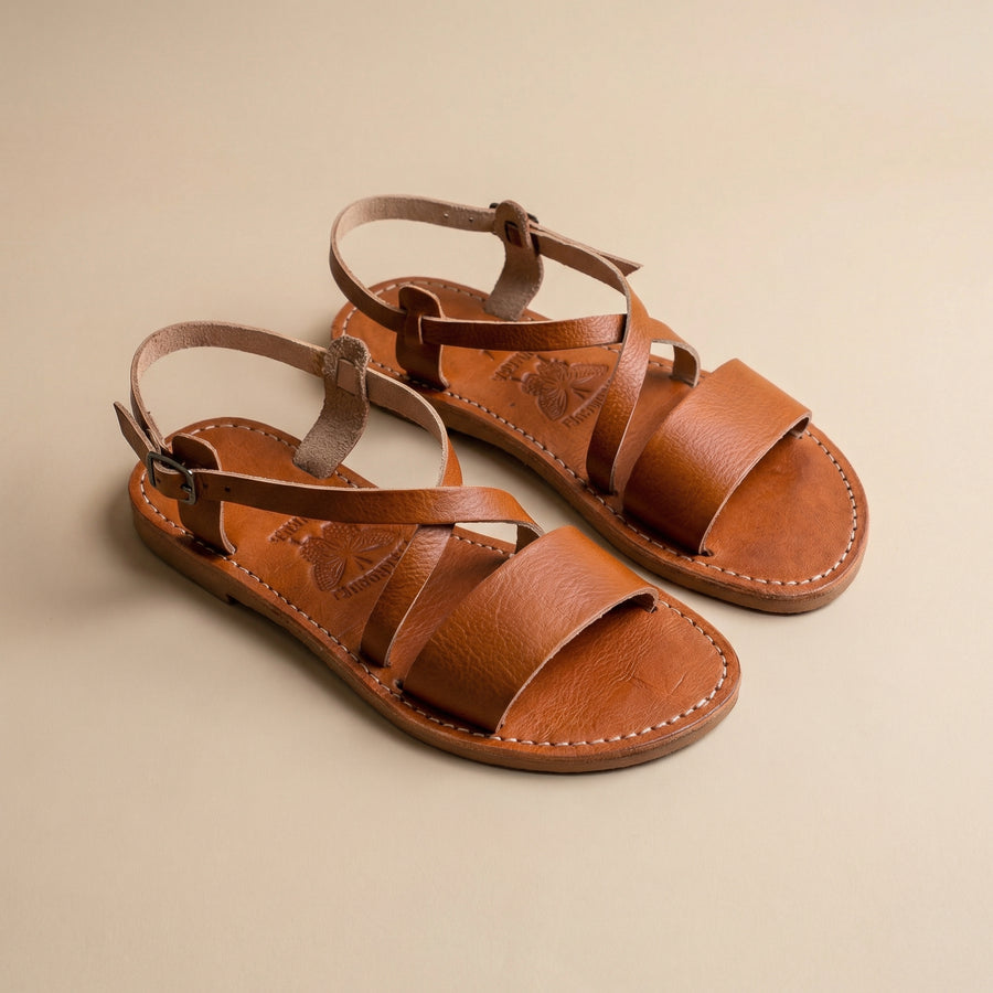 Handmade Moroccan Leather Sandals for Women, Boho Flat Ankle Strap Sandals, Genuine Leather Minimalist Summer Shoes, Artisan Brown Sandals